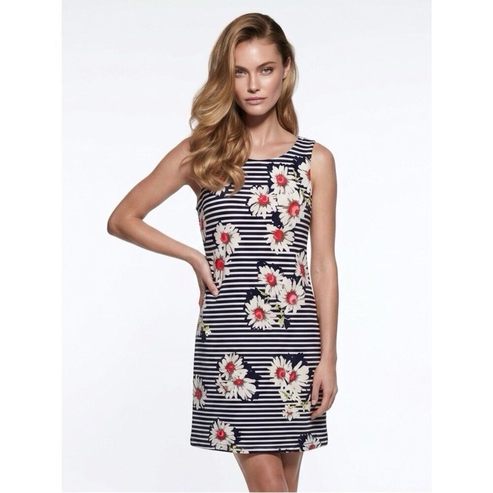 Ronni Nicole Navy and White Striped Floral Shift Dress